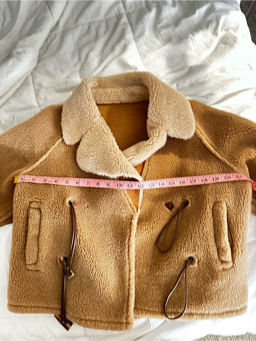 In Studio Teddy Sherpa Jacket Small Camel Faux Shearling Drawstring Bomber Coat - Picture 8 of 8